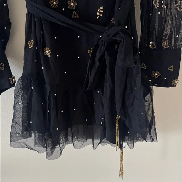 FARM RIO Black Embroidered Tulle Overlay Belted Long Sleeve Mini Dress,Small,398 - Picture 14 of 16